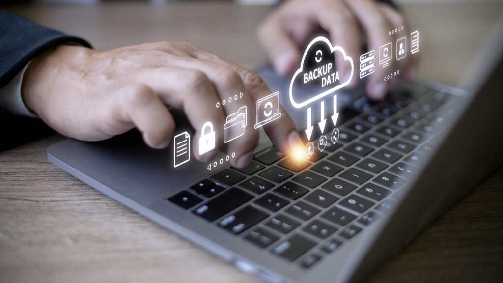 Businessman Using Computer Backup Storage Data Internet Technology Concept Backup Online Documentation Database Digital File Storage System Softwarefile Access Doc Sharing